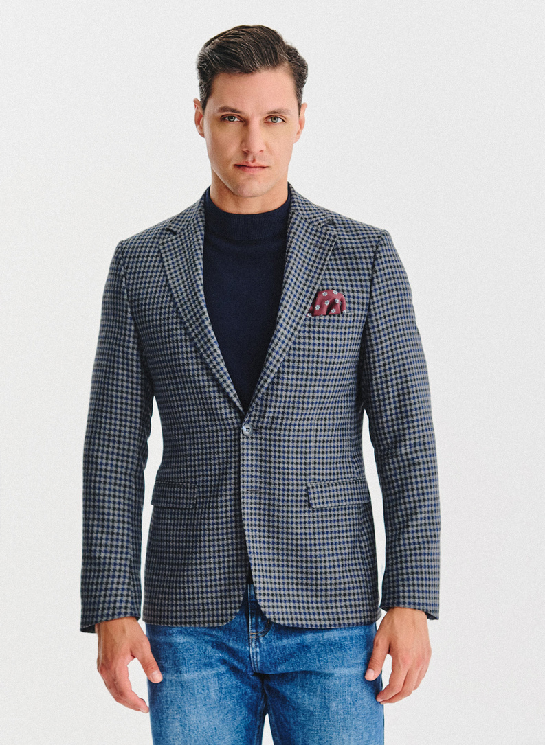 Granatowa marynarka w drobną kratę