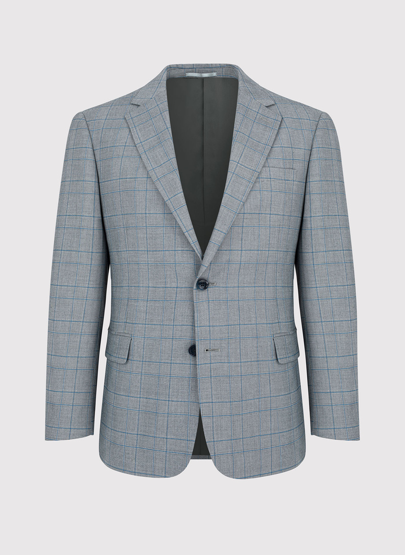 Szary garnitur męski w niebieską kratę