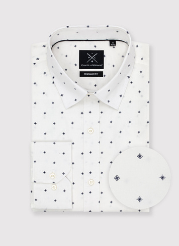 Biała koszula męska w granatowy drobny print 