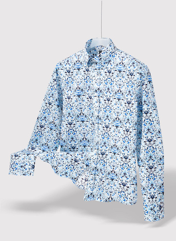 Biała koszula męska w niebieski roślinny wzór