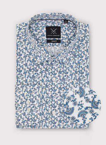 Biała koszula w roślinny niebieski wzór