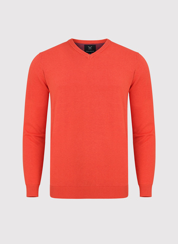 Sweter męski w kolorze pomarańczowym z dekoltem w serek