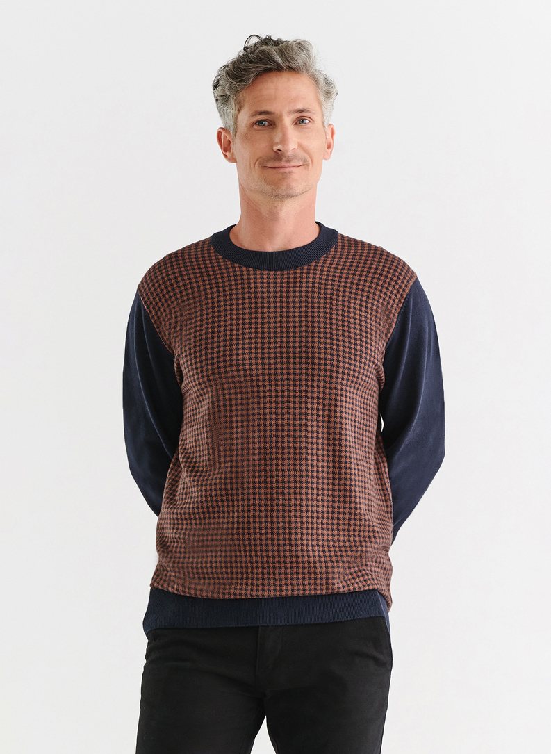  Granatowo-brązowy sweter męski z okrągłym dekoltem 