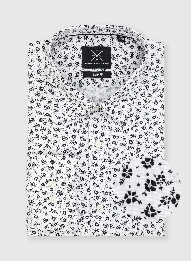 Biała koszula męska w kwiatowy czarny print