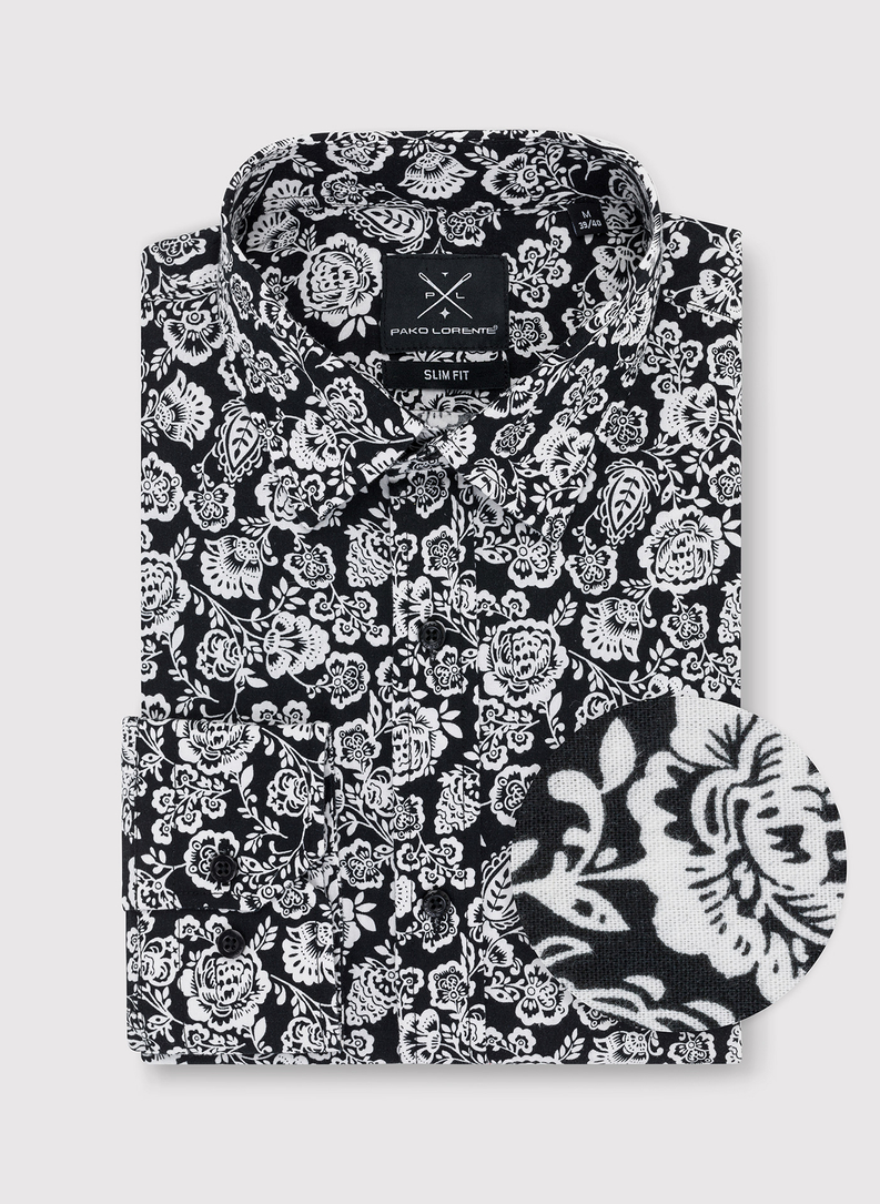 Czarna koszula w kwiatowy biały wzór