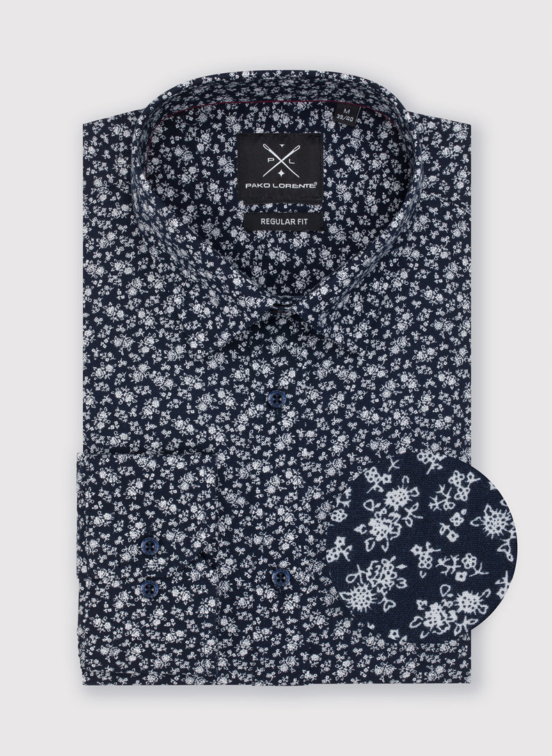 Granatowa koszula męska w delikatny kwiatowy wzór