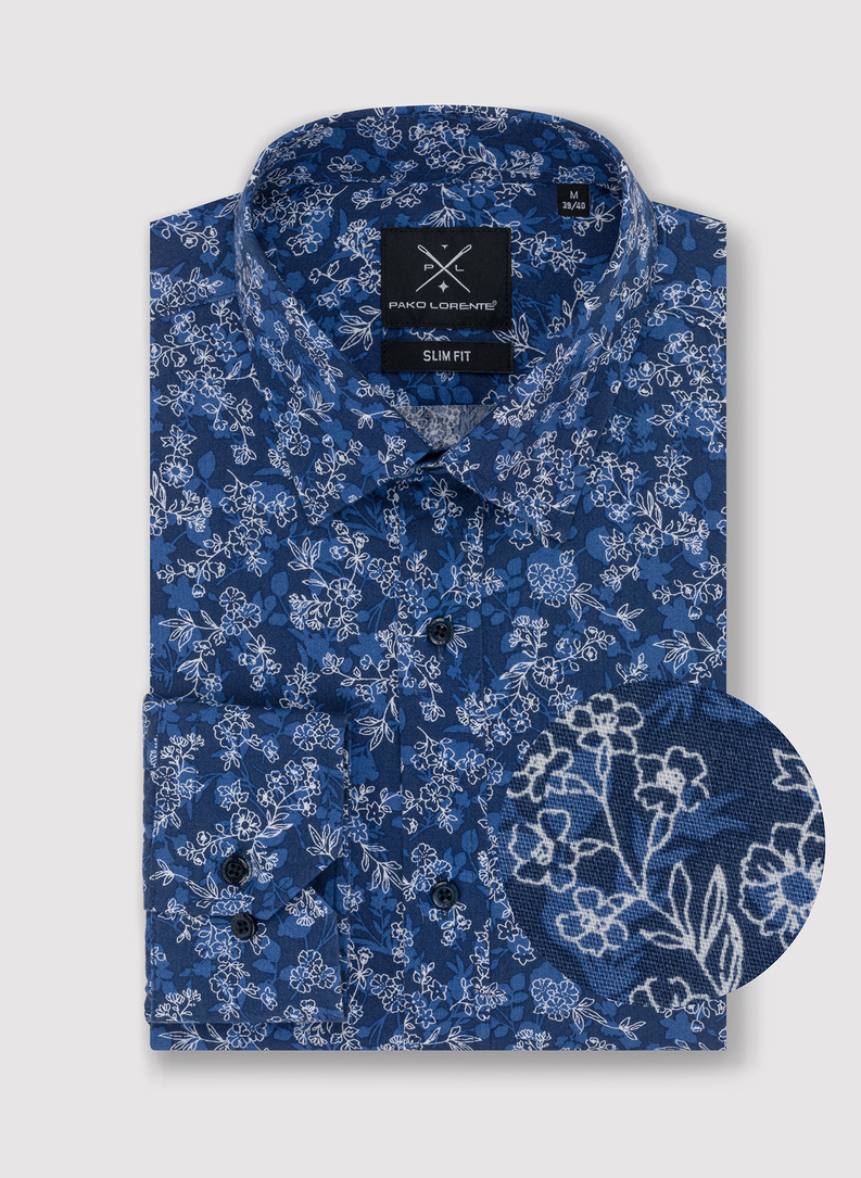 Granatowa koszula męska w kwiatowy deseń