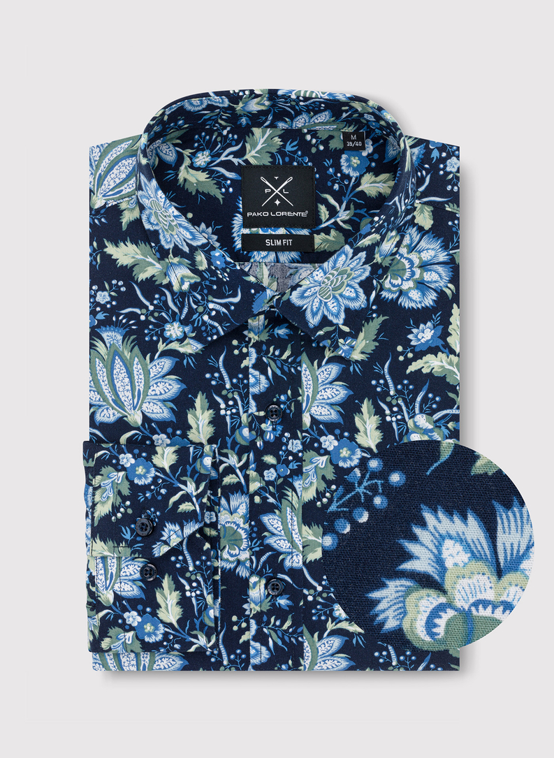 Granatowa koszula męska w kwiatowy print 