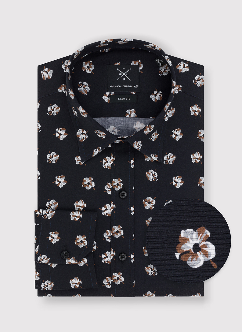 Granatowa koszula męska w wyraziste kwiaty